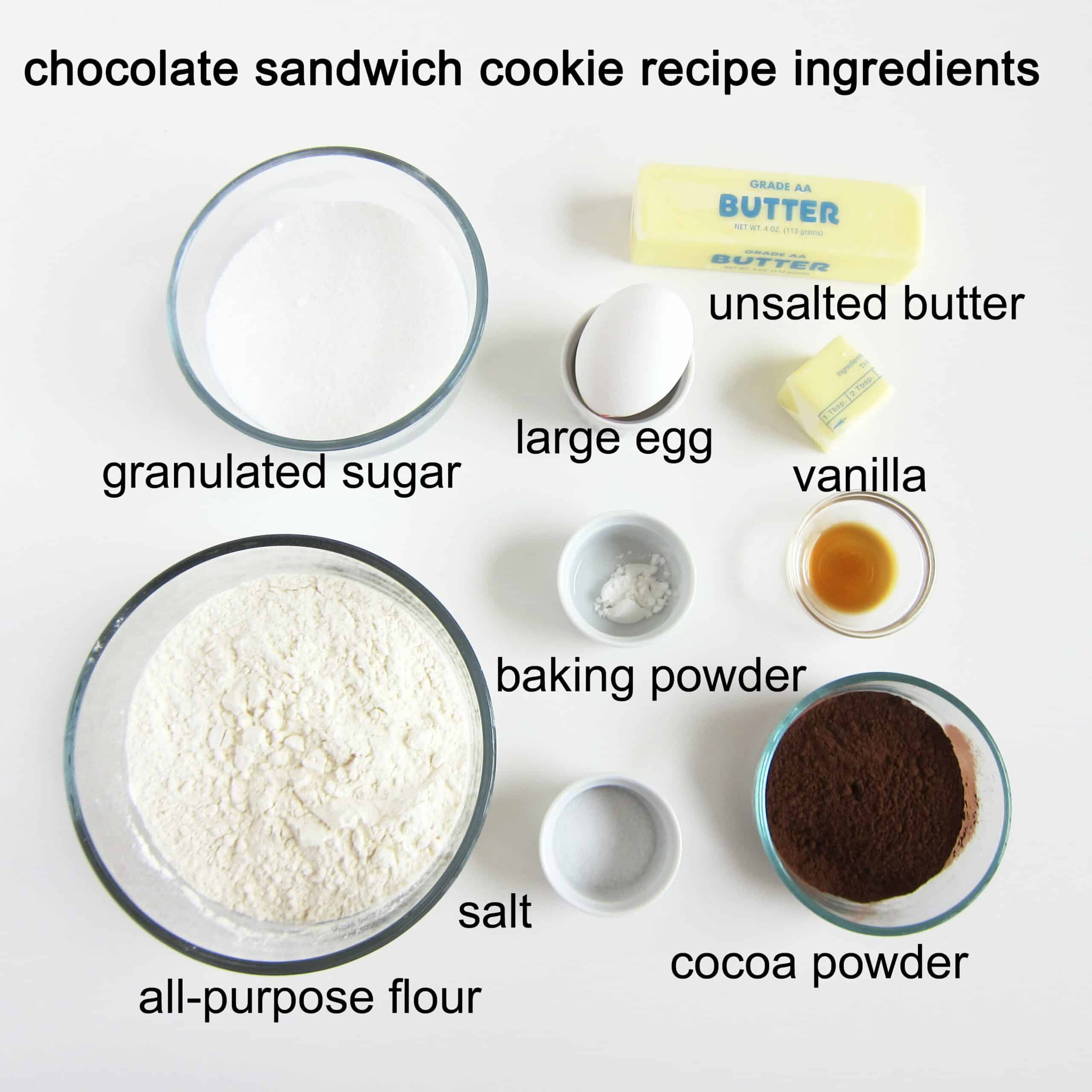 chocolate sandwich cookie recipe ingredients including sugar, butter, egg, vanilla, flour, baking powder, salt, and cocoa powder