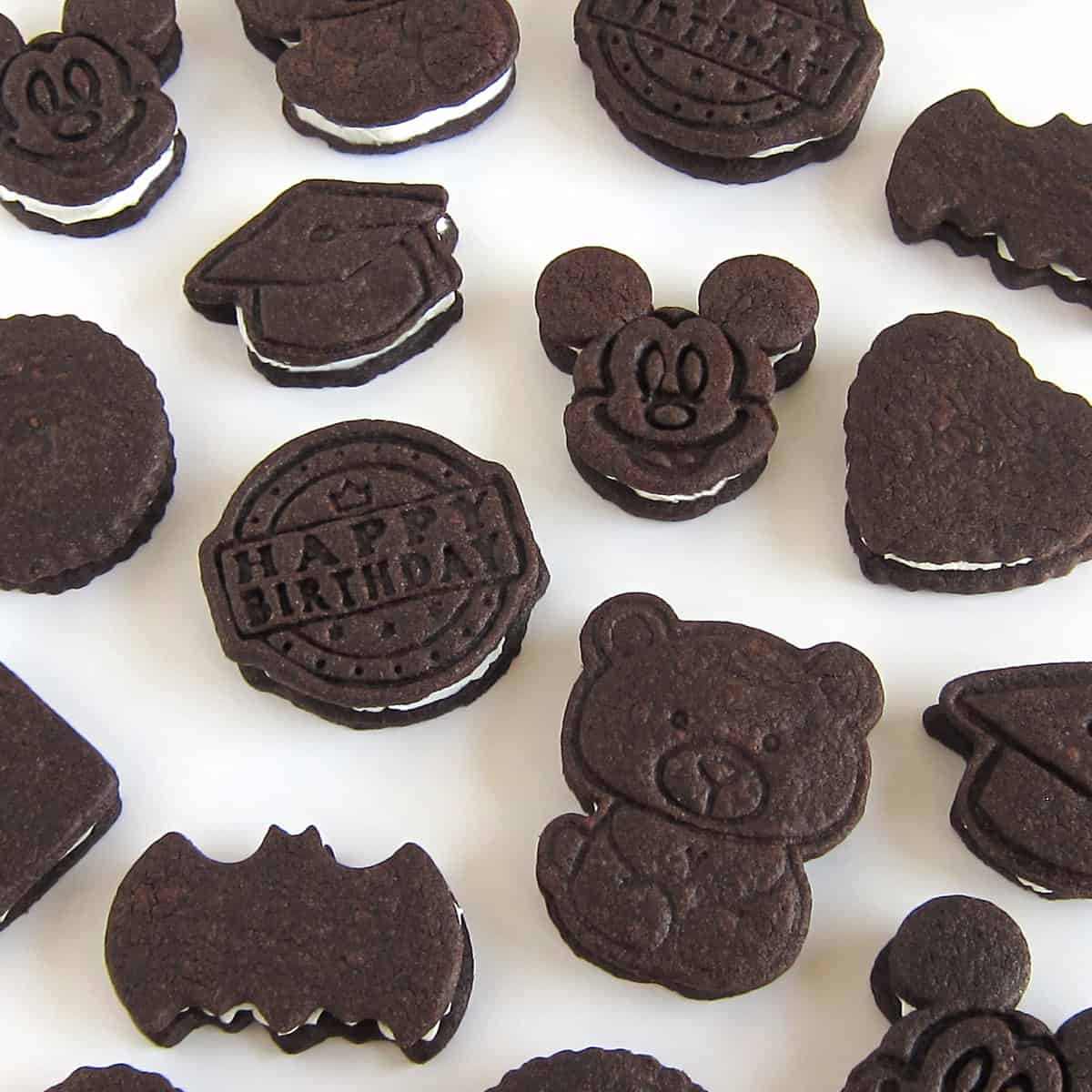chocolate sandwich cookies shaped like bears, bats, hearts, Mickey Mouse, and more