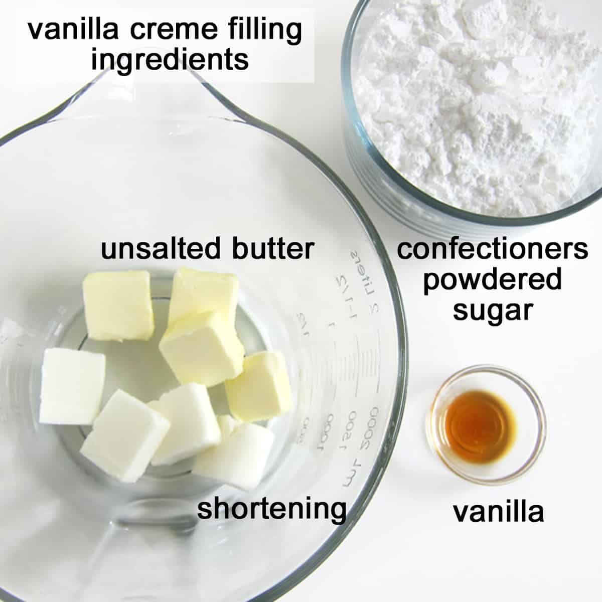 vanilla cream filling ingredients including butter, shortening, powdered sugar, and vanilla