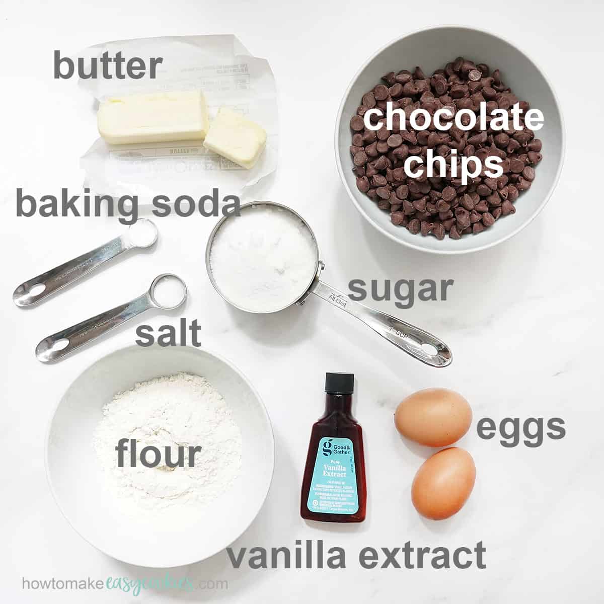 flour, butter, chocolate chips, salt, eggs, vanilla ingredients for brownies